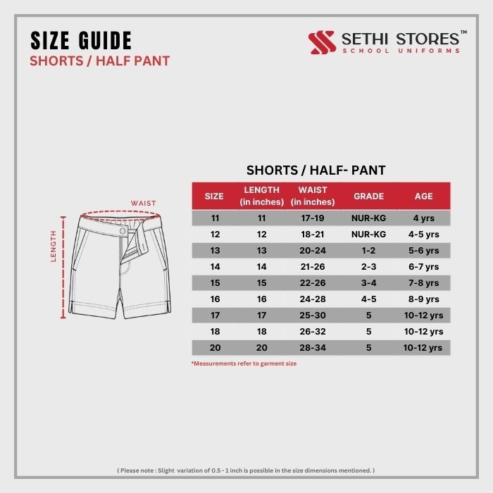 Sethi Stores Shorts Size Guide