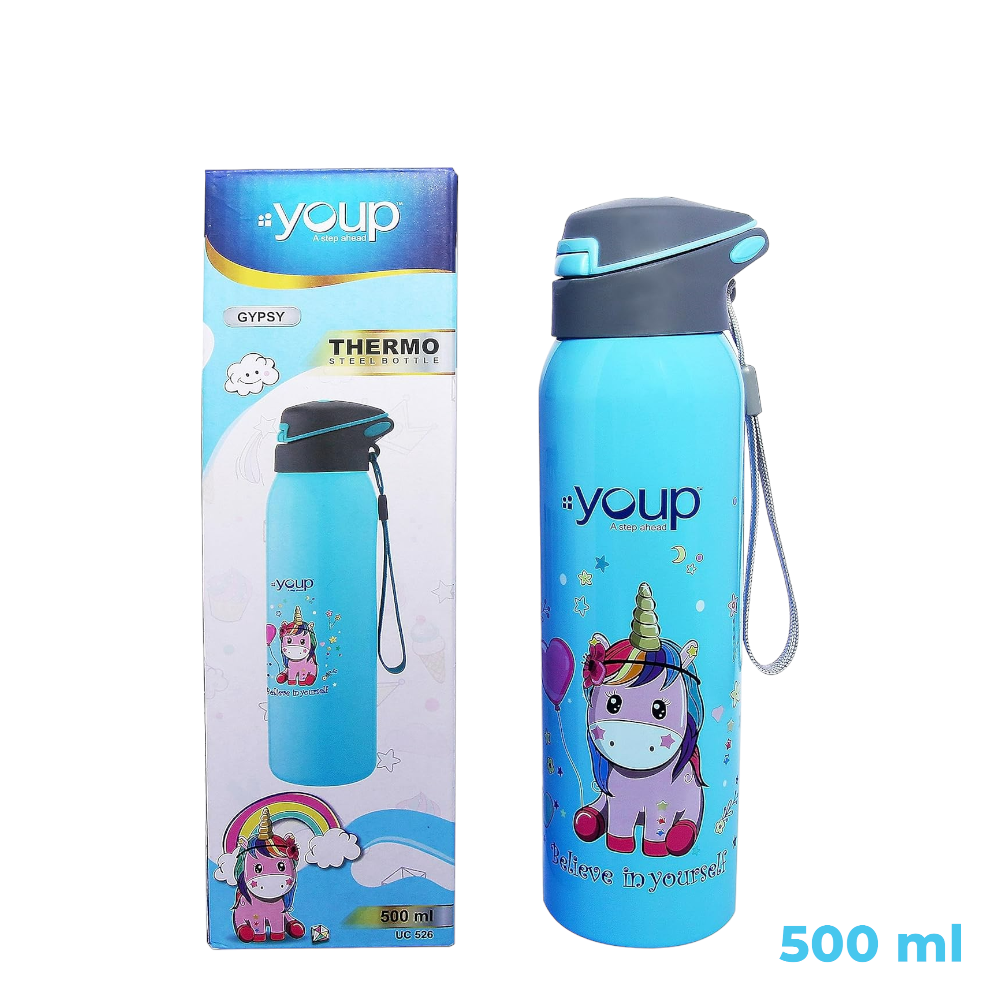 YOUP Gypsy 500 ML Unicorn Kids Insulated Sipper Bottle - Sky Blue, Stainless Steel, Double Wall, BPA-Free - Blue Unicorn Water Bottle