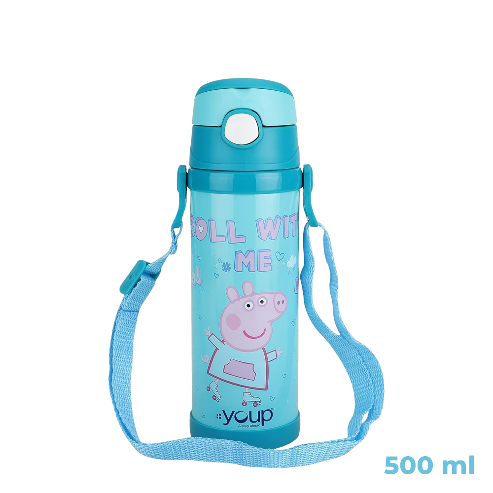 Youp Stainless Steel Blue Color Peppa Pig Kids Insulated Double Wall Sipper Bottle Lucas - 500 ml - Sea Green Peppa Pig Waterbottle