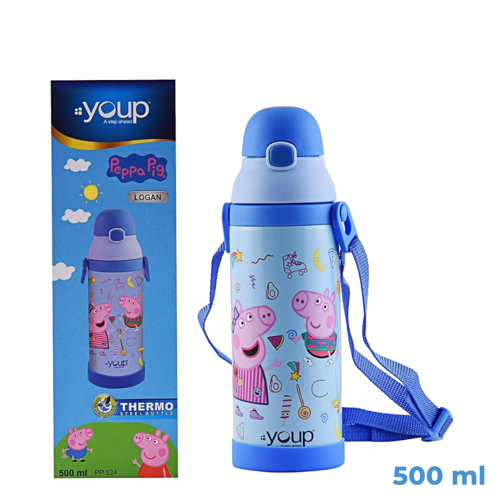 Youp Logan 500 ML Peppa Pig Kids Insulated Stainless Steel Sipper Bottle - Double Wall, BPA-Free - Peppa Pig Water Bottle Blue