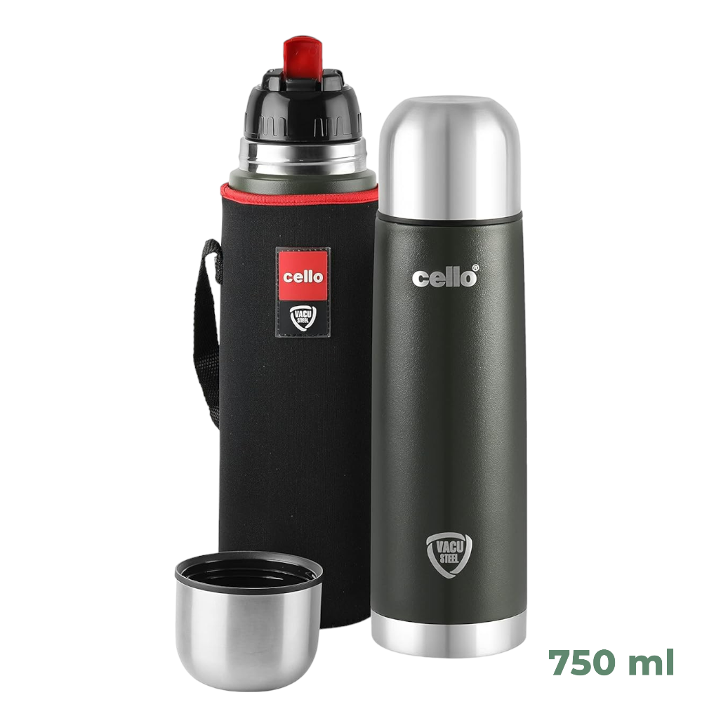 Cello Duro Tuff Steel Kent Flask - 750ml | Green | Double Wall Vacuum Insulated Water Bottle | Hot & Cold | Leak-Proof & Scratch Resistant | Ideal for Travel, Home, Office