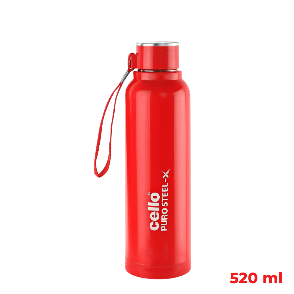 CELLO Puro Steel-X Benz 600 (Red, Bue, Pink) | Leak Proof | Wide Mouth & Easy to Open | Insulated Inner Steel Outer Plastic Water Bottle | 520ml - red