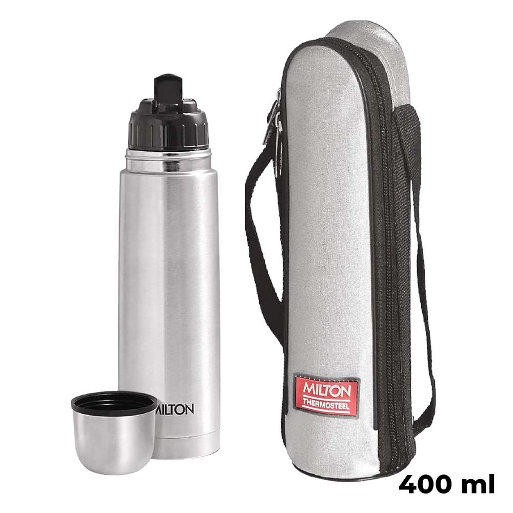 Milton Flip Lid 350 Thermosteel 24 Hours Hot and Cold Water Bottle with Bag, 1 Piece, 350 ml, Silver