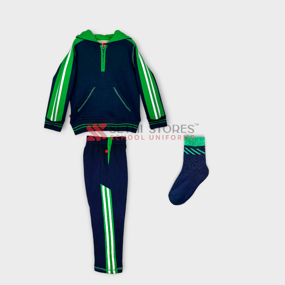 The Srijan School KG Tracksuit Set, Navy blue with Green