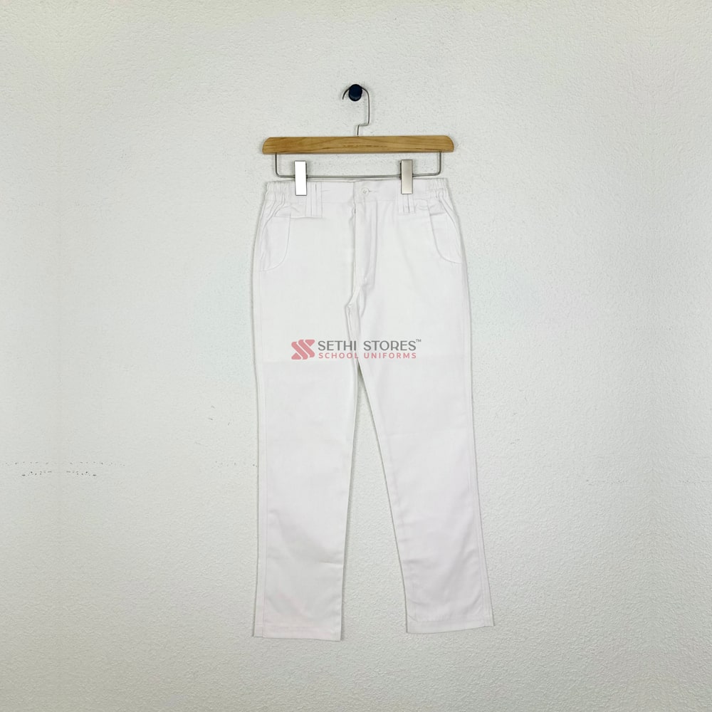 G.D Goenka White Full Pant/Trouser with Elastic for grade nursery to 2 winter uniform.