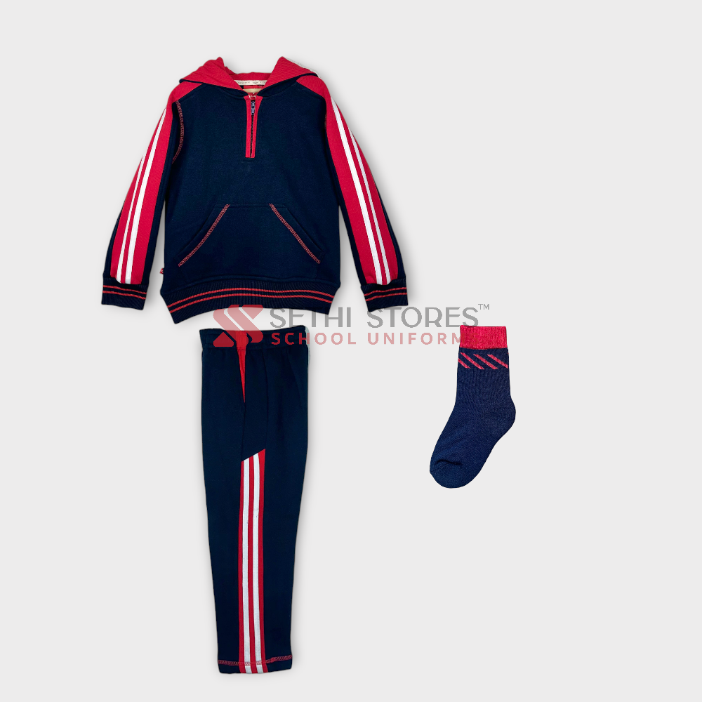 The Srijan School Nursery Tracksuit Set, Navy blue with Red