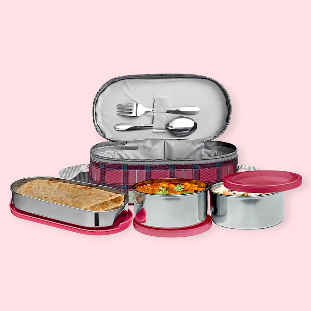 MILTON Corporate Lunch Box Set - 3 Stainless Steel Containers - Maroon | Leak Proof, Insulated, Lightweight