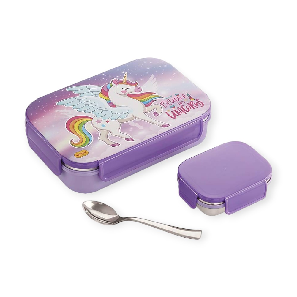 Unicorn Theme Lunchbox - NAKODA School Kids Stainless Steel Insulated Lunch Box | 900ml | Includes 150ml Inner Container & Spoon | BPA-Free, Leak-Resistant