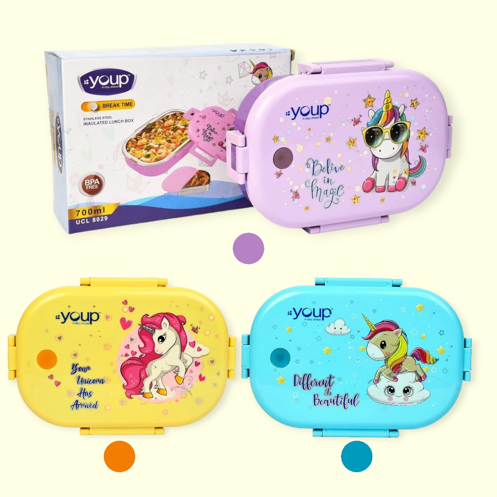 YOUP Stainless Steel Kids Lunch Box - Unicorn Theme, 700ml | Leak-Resistant, Air-Tight | Blue