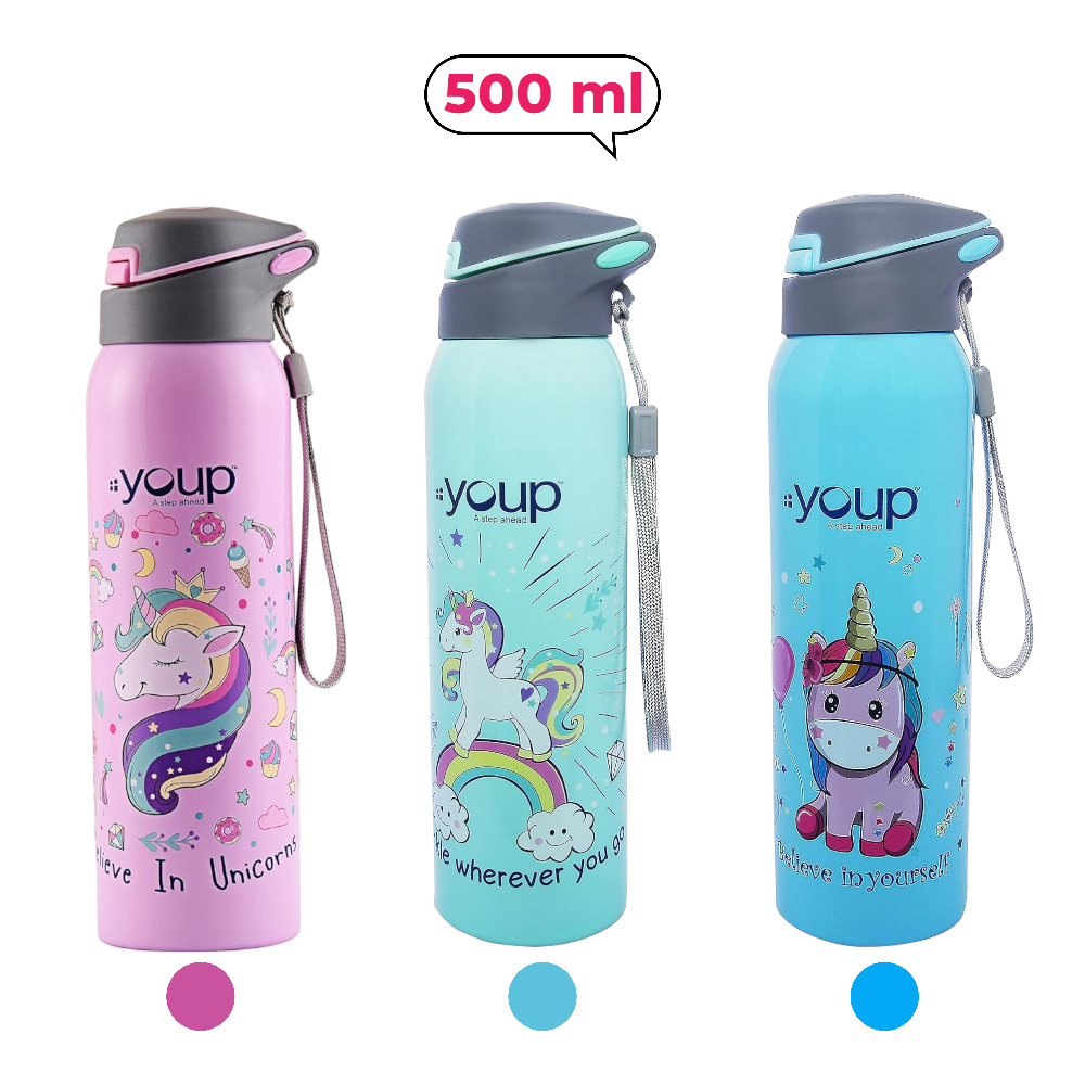 YOUP Gypsy 500 ML Unicorn Kids Insulated Sipper Bottle - Sky Blue, Pink, Sea Green Stainless Steel, Double Wall, BPA-Free