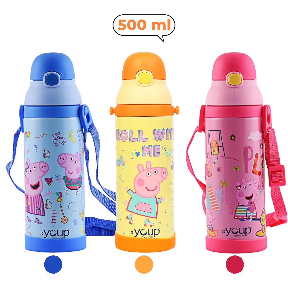 Youp Logan 500 ML Peppa Pig Kids Insulated Stainless Steel Sipper Bottle - Double Wall, BPA-Free